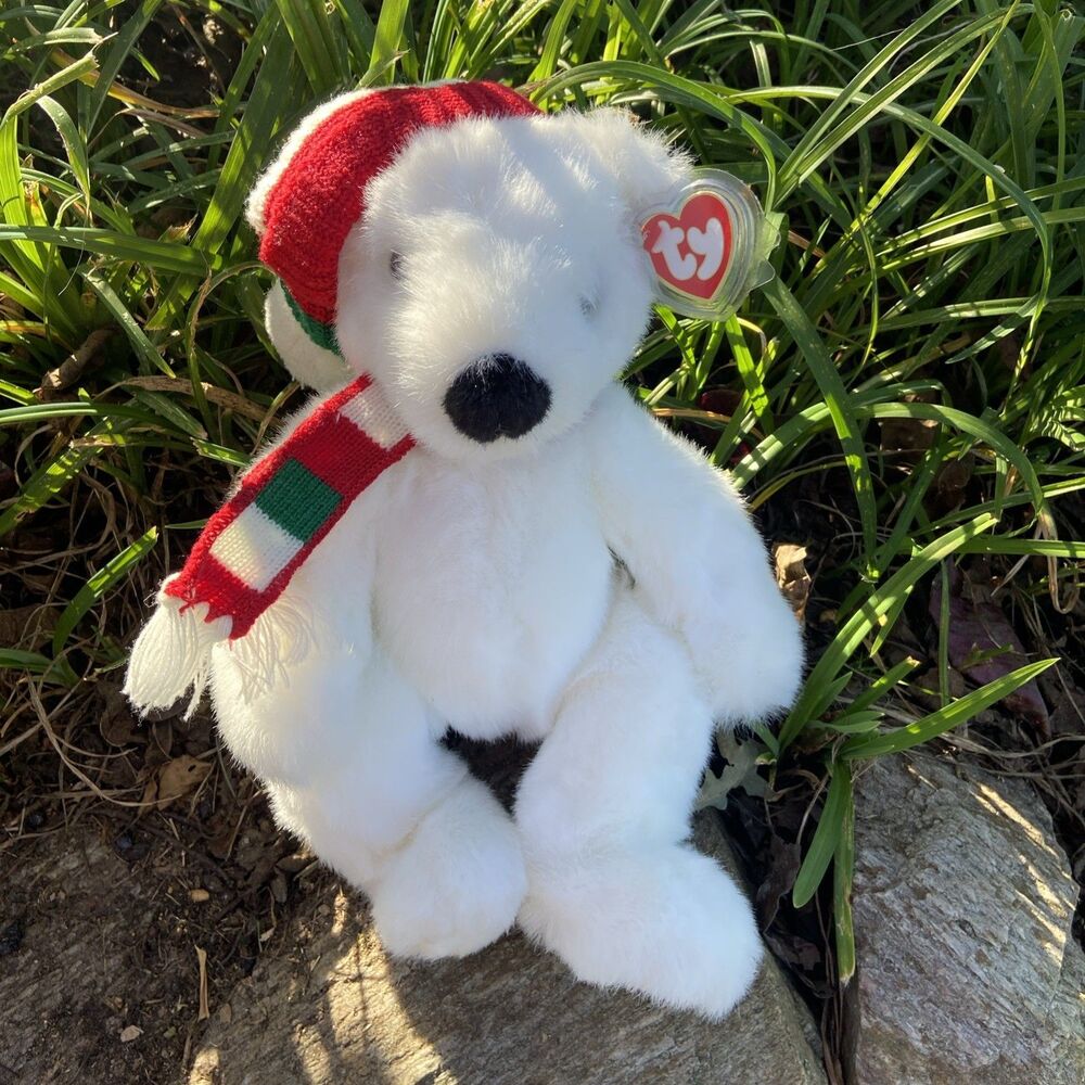 Ty Classics  White Holiday Bear With Tag Plush Teddy 14 In Scarf and Hat 1997